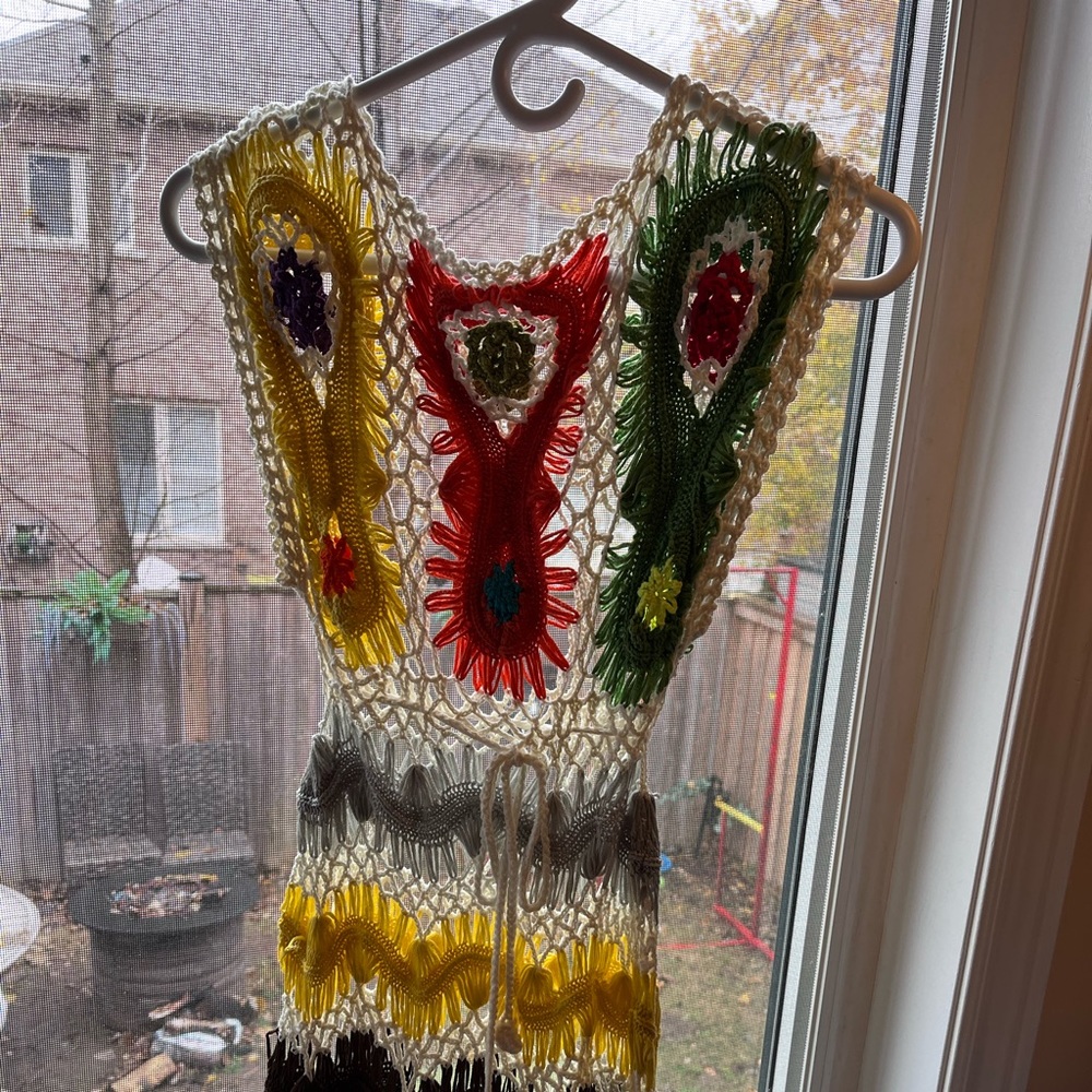 Small Crochet Dress Mesh Knit Orange, White and Green